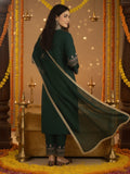 Varanga Women Green Embroidered Straight Kurta Paired With Tonal Embroidered Bottom And With Tonal Chiffon Dotted Dupatta