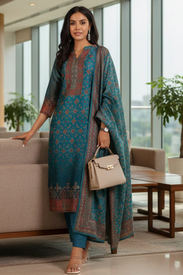 Varanga Women Patola Printed, Teal & Beige Mandrin Collar ,Straight Kurta With Solid Bottom And Printed Dupatta