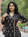 Angrakha-fit printed kurta set with mandarin collar and three-quarter sleeves, matched with straight trousers.