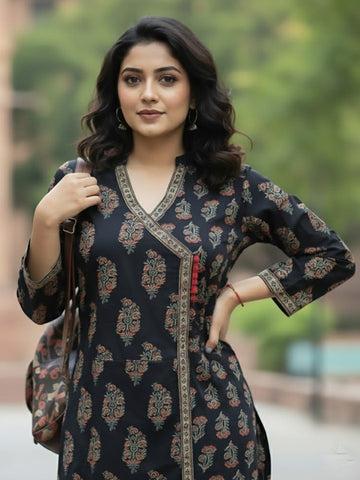Angrakha-fit printed kurta set with mandarin collar and three-quarter sleeves, matched with straight trousers.
