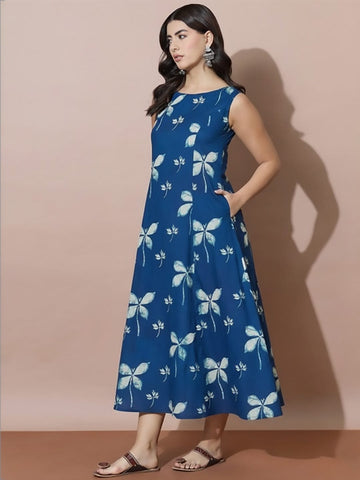 Indigo Floral Stunning Heart-Shaped Back Cut-Out Dress