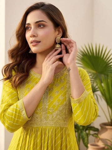 Bandhani-Printed Anarkali With Zari-Embroidered Yoke, Paired With Solid Trousers And Dupatta