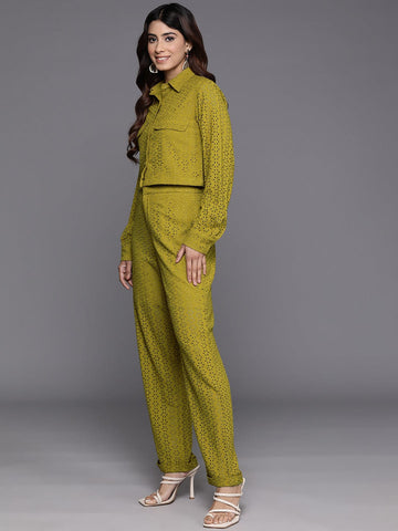 KSUT Women Olive Green Schiffli Co Ord Set