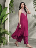 Varanga Women Fushcia Embroidered Sleeveless Flared Kurta Paired With Tonal Bottom