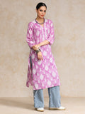 Varanga Women Lavender 3/4Th Sleeve, V Neck Collared Kurta.