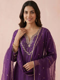 Women's Purple Embroidered Kurta Set With Embellished Net Dupatta