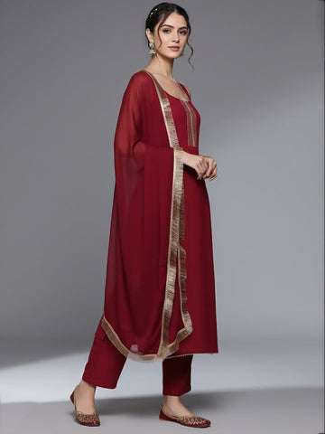 Varanga Women Maroon Round Neck, Spaghetti Strap Style Straight Kurta Paired With Tonal Bottom And Dupatta