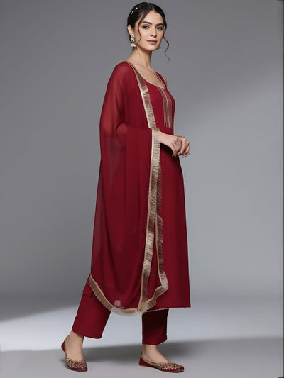 Varanga Women Maroon Round Neck, Spaghetti Strap Style Straight Kurta Paired With Tonal Bottom And Dupatta