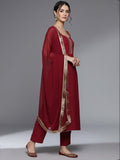 Varanga Women Maroon Round Neck, Spaghetti Strap Style Straight Kurta Paired With Tonal Bottom And Dupatta