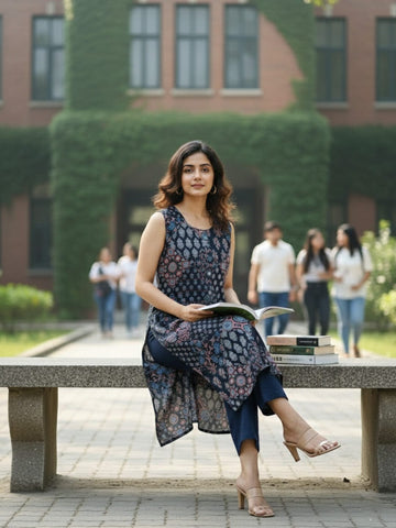Varanga Sleeveless Ethnic Printed Straight Kurta with Round Neck