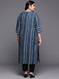 Varanga Women Blue And White Striped Straight Kurta With V Shape Neckline And 3/4Th Sleeves