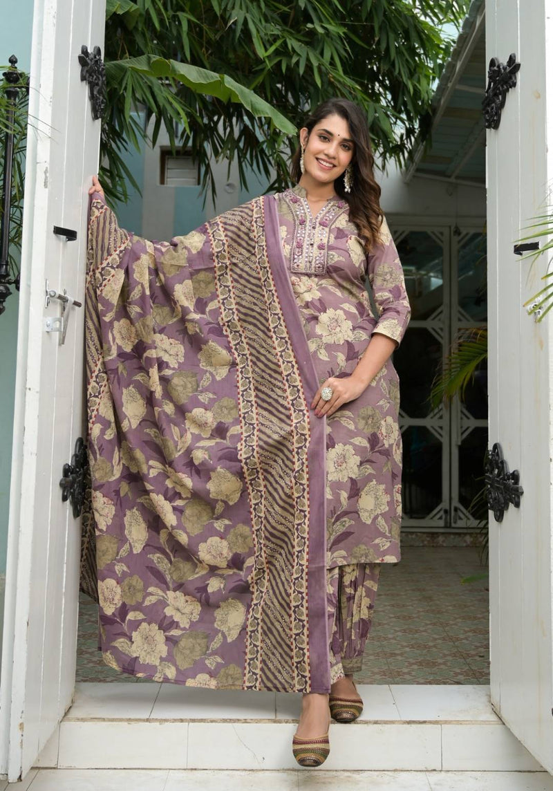Varanga Women Lavender Floral Printed Mirror Embellished Straight Kurta Paired With Afghani Bottom And Printed Dupatta