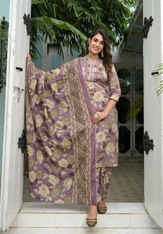 Varanga Women Lavender Floral Printed Mirror Embellished Straight Kurta Paired With Afghani Bottom And Printed Dupatta