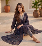Varanga Women Blue  Printed  Embroidered Kurta With Bottom And Dupatta