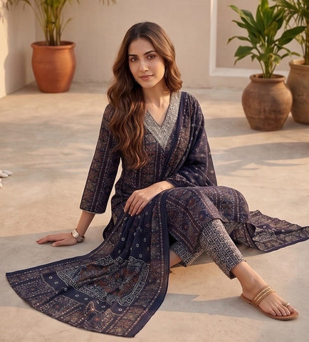 Varanga Women Blue Printed Embroidered Kurta With Bottom And Dupatta