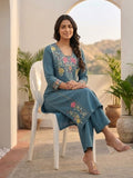 Women Floral Embroidered Blue A-Line Kurta Set