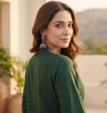Varanga Women Green Embroidered  Long & Flared Sleeves Kurta With Tonal Bottom