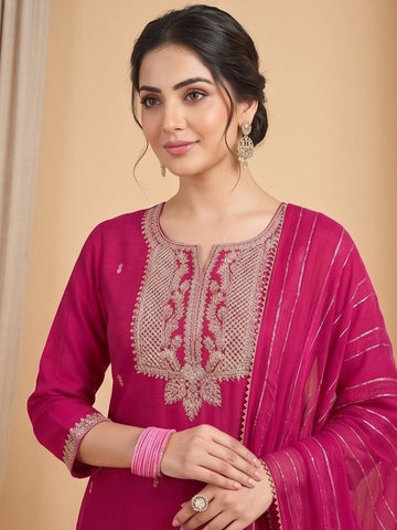 Kurta Adorned With Thread Embroidery, Teamed With Trousers And Paired With Dupatta With And Lace Detailing