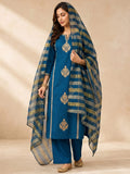 Women's Blue Kurta Set With Strip Dupatta