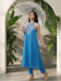 Varanga Women Halter Neck Blue Sleeveless Flared Kurta Paired With Tonal Bottom