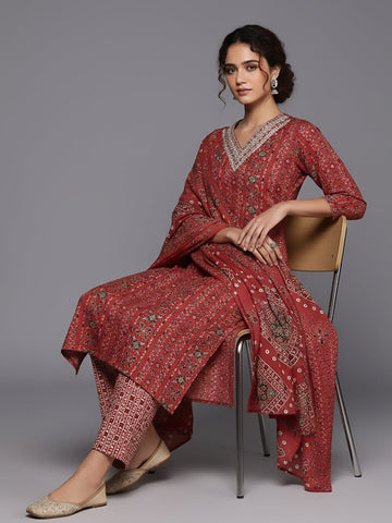 Varanga Women Red Printed V-Neck Embroidered Kurta With Bottom And Dupatta