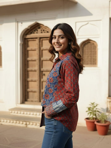 Paneled Cotton Shirt with Floral and Geometric Prints