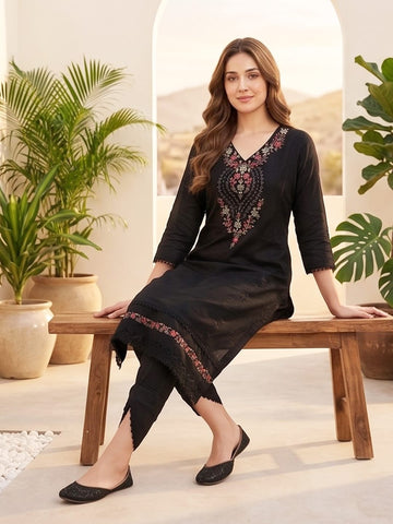Varanga Women Floral Motif Thread Embroidered Yoke Kurta with Trouser & Dupatta