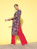 Varanga Women Navy Blue And Pink Floral Printed Gotta Patti Kurta