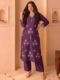Purple Embroidered Kurta Set With Dupatta