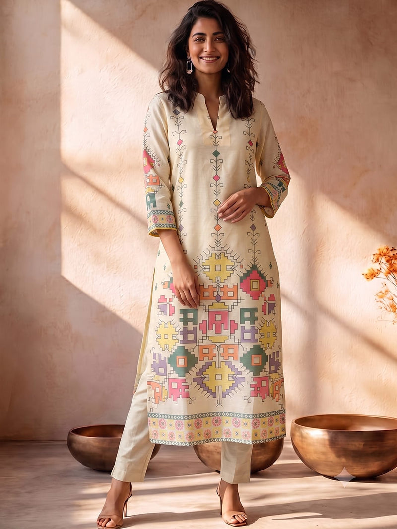 Kurta Set Featuring Artistic Prints And A Statement Dupatta