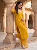 Women's Mustard Yellow Embroidered Kurta Set With Floral Printed Dupatta