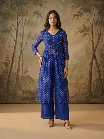 Royal Blue Bandhani Front-Slit Kurta Set
