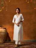 Women's Beige Kurta Set Embroidered V-Neckline And Side-Pocket