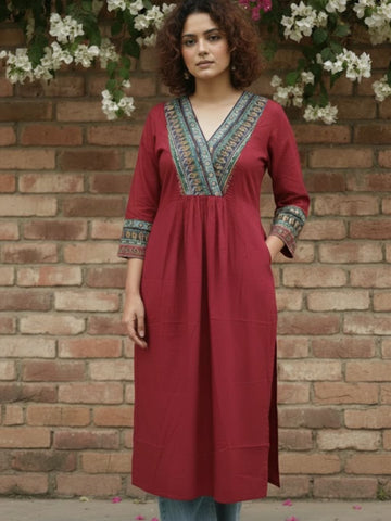 Deep Red Geometric Print A-Line Kurta