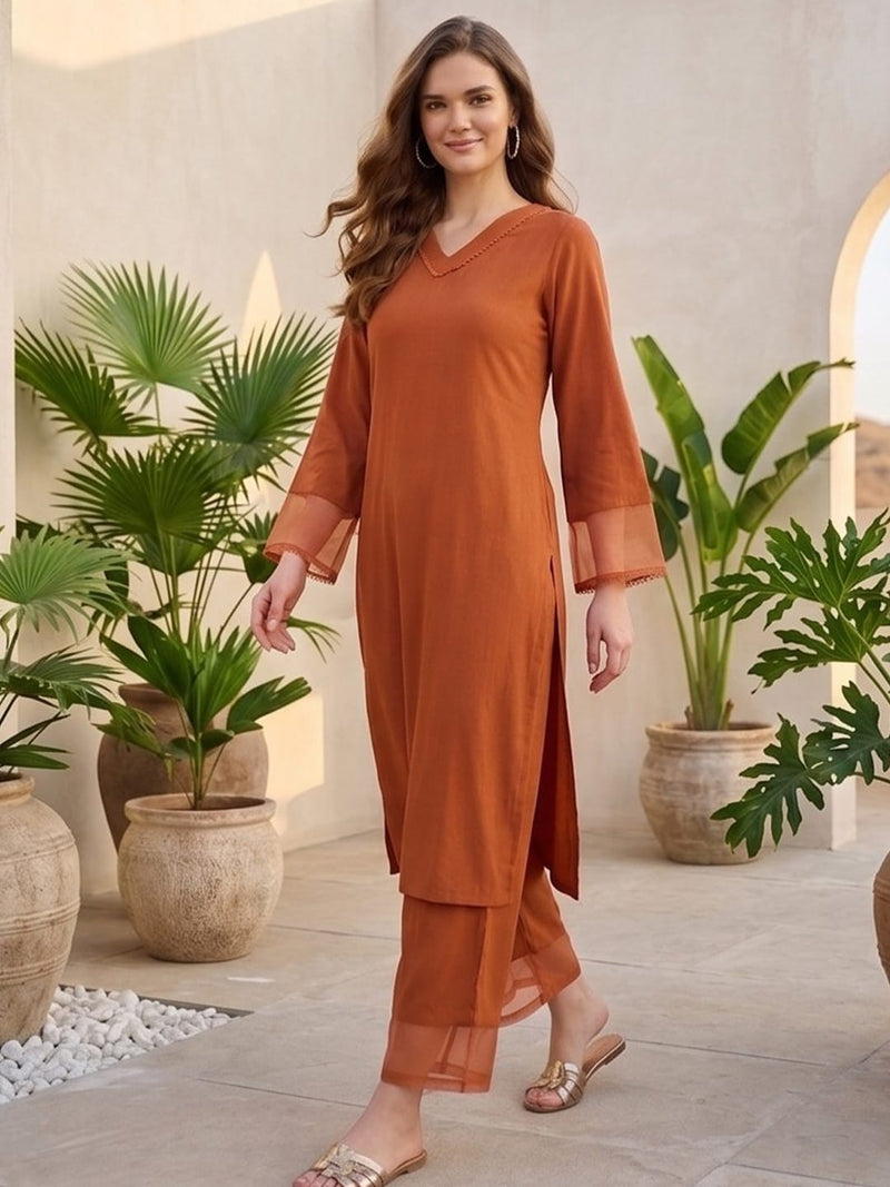 Varanga Women Rust Straight Kurta Paired With Tonal Trouser