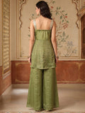 Olive Green Embellished Sharara Set With A Mirror Work Strappy Top & Dupatta.