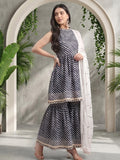 Varanga Blue And White Leheriya Halter Neckline Gota Work Kurta With Sharara And Sequins Emebllished Dupatta.