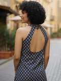 Varanga Navy Blue Stylish Open-Back  Short Kurti with Ajrakh Print