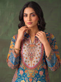 Women'S Blue Floral Printed Straight Kurta Set With Tonal Dupatta