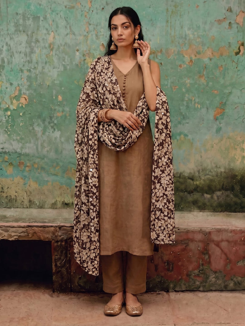 The Roasted Mocha Women's Kurta Set With Sequinned Floral Dupatta