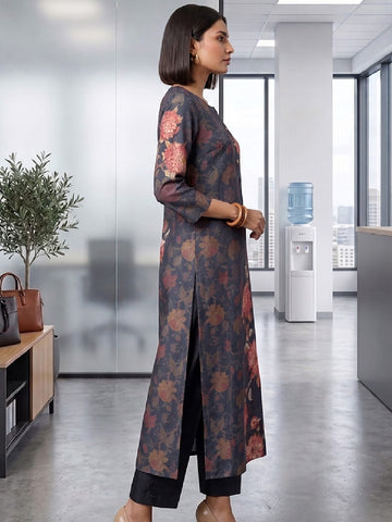 Floral Print Round-Neck Kurta With Regular Pant