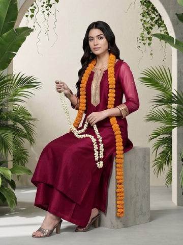Varanga Women Fuchsia Lace Embellished Sleeveless Straight Kurta Paired With Tonal Plazzo And Dupatta