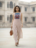 Sleeveless Striped Kurta Set with Printed Yoke and Matching Trousers
