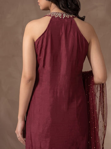 Maroon Cocktail Kurta Set With Mirror Embellishment