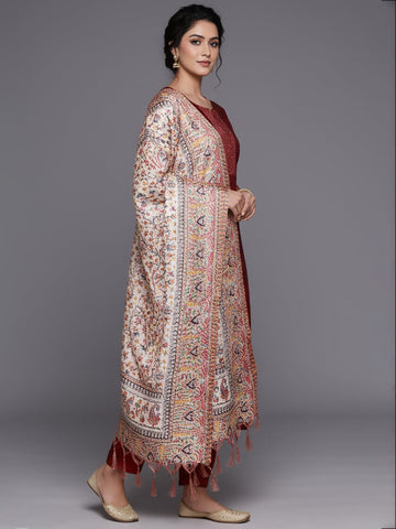 Varanga Women Maroon Woven Zari Embroidered Straight Kurta With Bottom And Dupatta