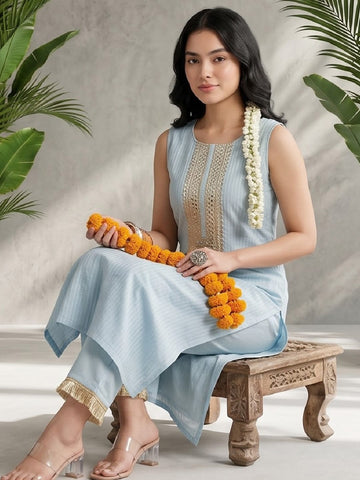 Varanga Women Blue Straight Kurta With Tonal Bottom & Dupatta