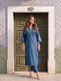 Womens Embroidered Blue Notch-Neck Kurta & Straight Pant Set