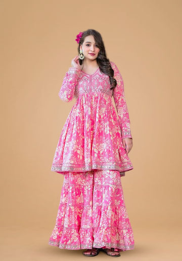 Varanga Women Pink Floral Printed Mirror Work Anarkali Kurta With Sharara And Dupatta