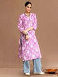 Varanga Women Lavender And White Women Floral Printed Pastel V-neck Kurta