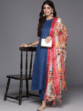 Varanga Women Navy Blue Halter Neck Solid Kurta Paired With Tonal Solid  Bottom And Contrast Bhagalpuri Printed Dupatta